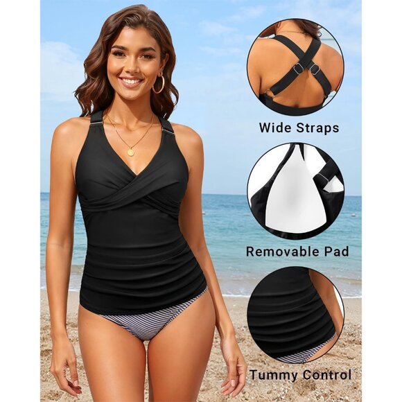 Women Tankini Top Plus Size Tummy Control Swimwear V-Neck Adjustable Straps - Picture 2 of 6